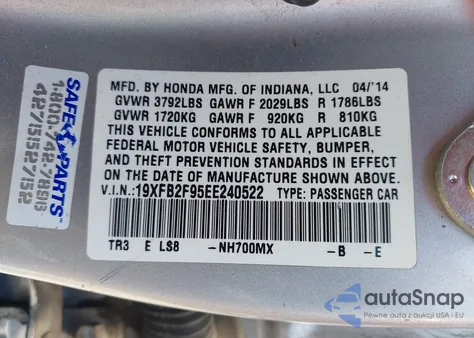 2014 Honda Civic Ex-L z USA, uszkodzony, nr VIN 19XFB2F95EE240522